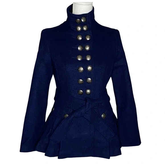 Free People Blue Peplum Military Style Pea Coat Jacket Wool Size 4 - Picture 1 of 16